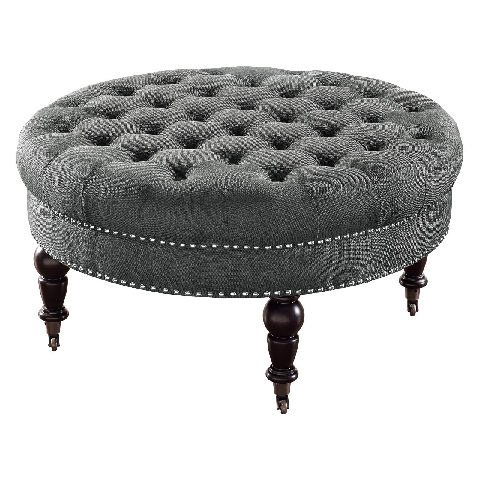 Charcoal Linen Tufted Round Ottoman with Nailhead Trim