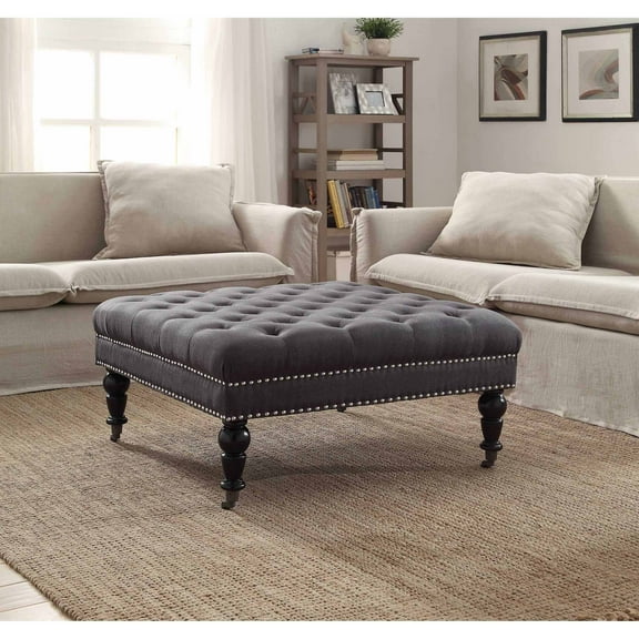 Linon Isabelle Square Upholstered Ottoman Black Legs in Charcoal Gray Fabric