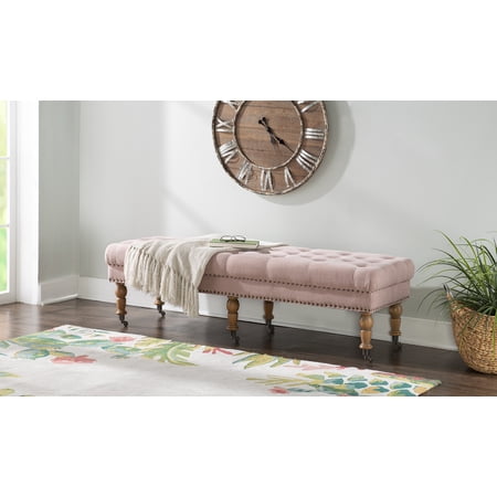 62 Inch Button Tufted Bench with Caster Wheels, Brown and Pink