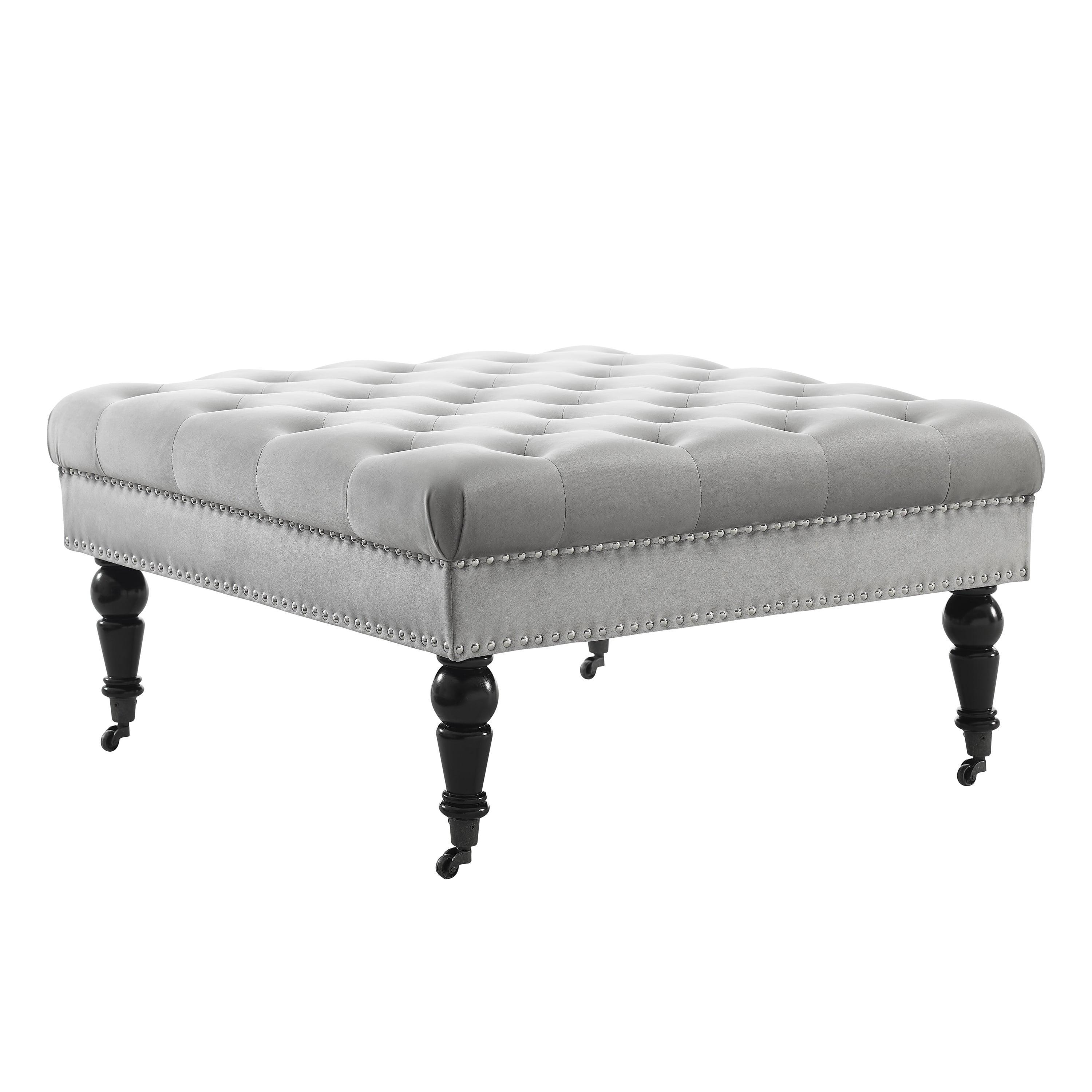 Isabelle 35" Gray Velvet Tufted Cocktail Ottoman with Nailhead Trim