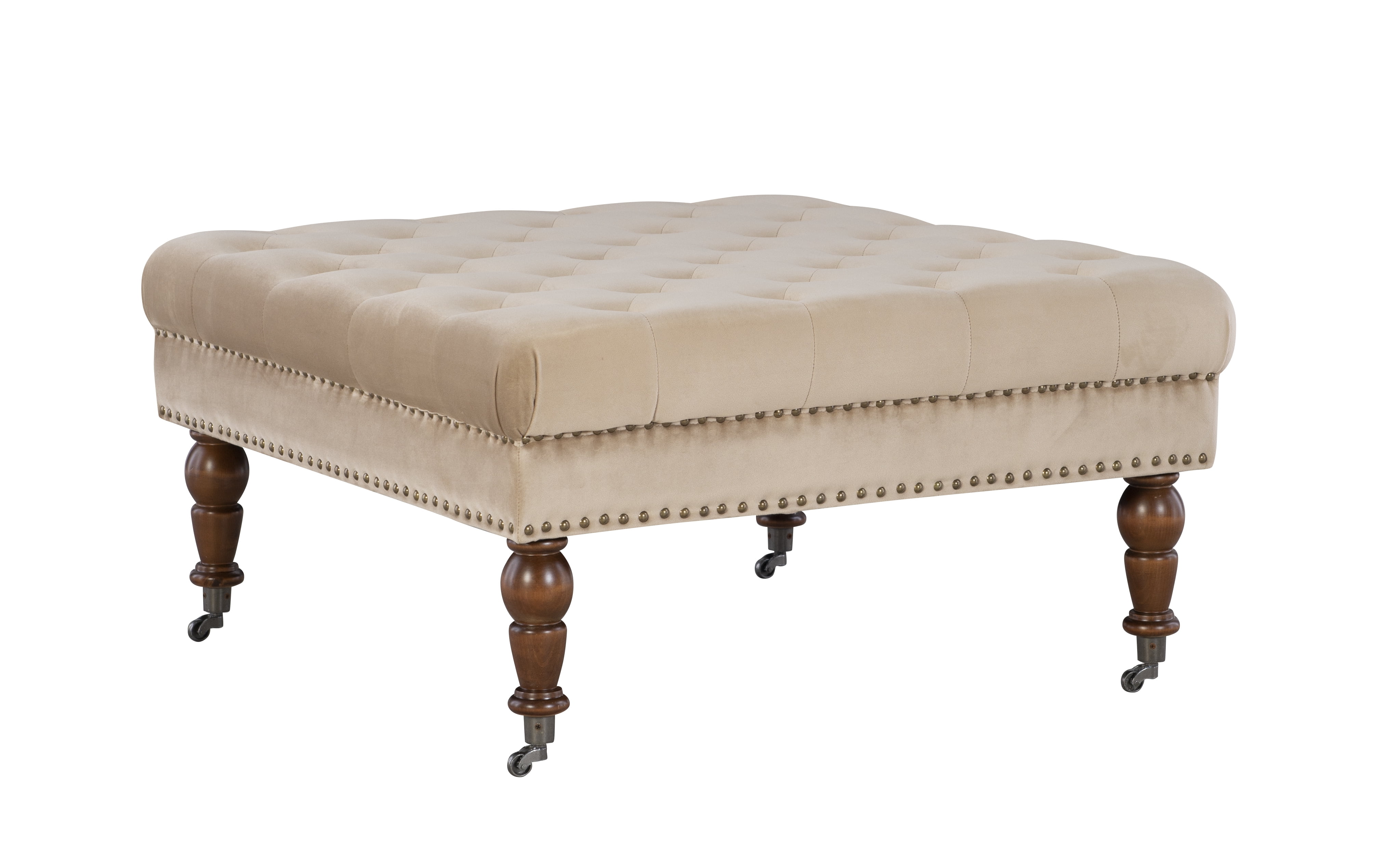 Elegant Tan Linen Tufted Cocktail Ottoman with Dark Walnut Legs