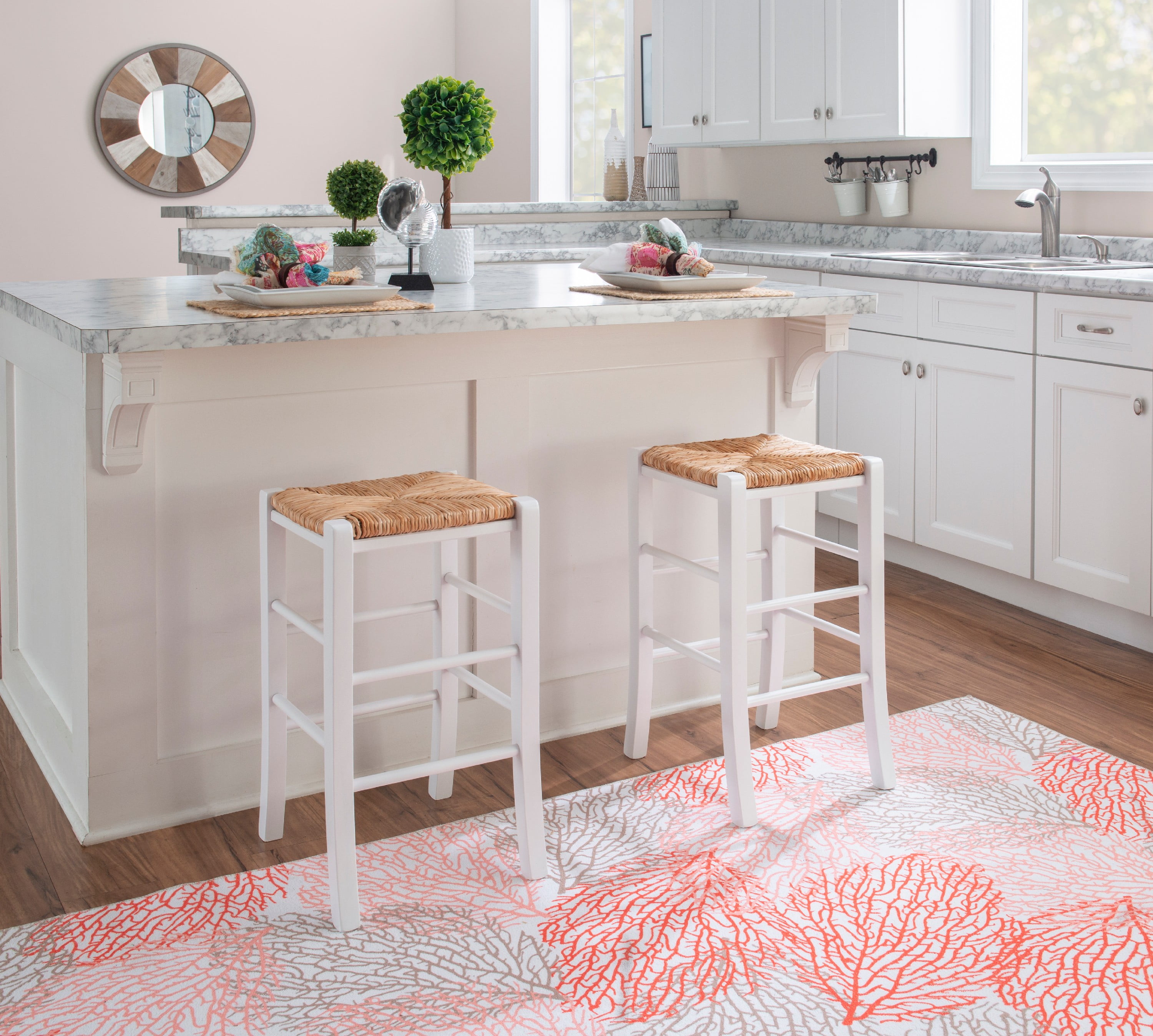 Linon Ivica Backless Wood Counter Stool, 24.4" Seat Height, White Finish with Natrual Handwoven Rush Seat