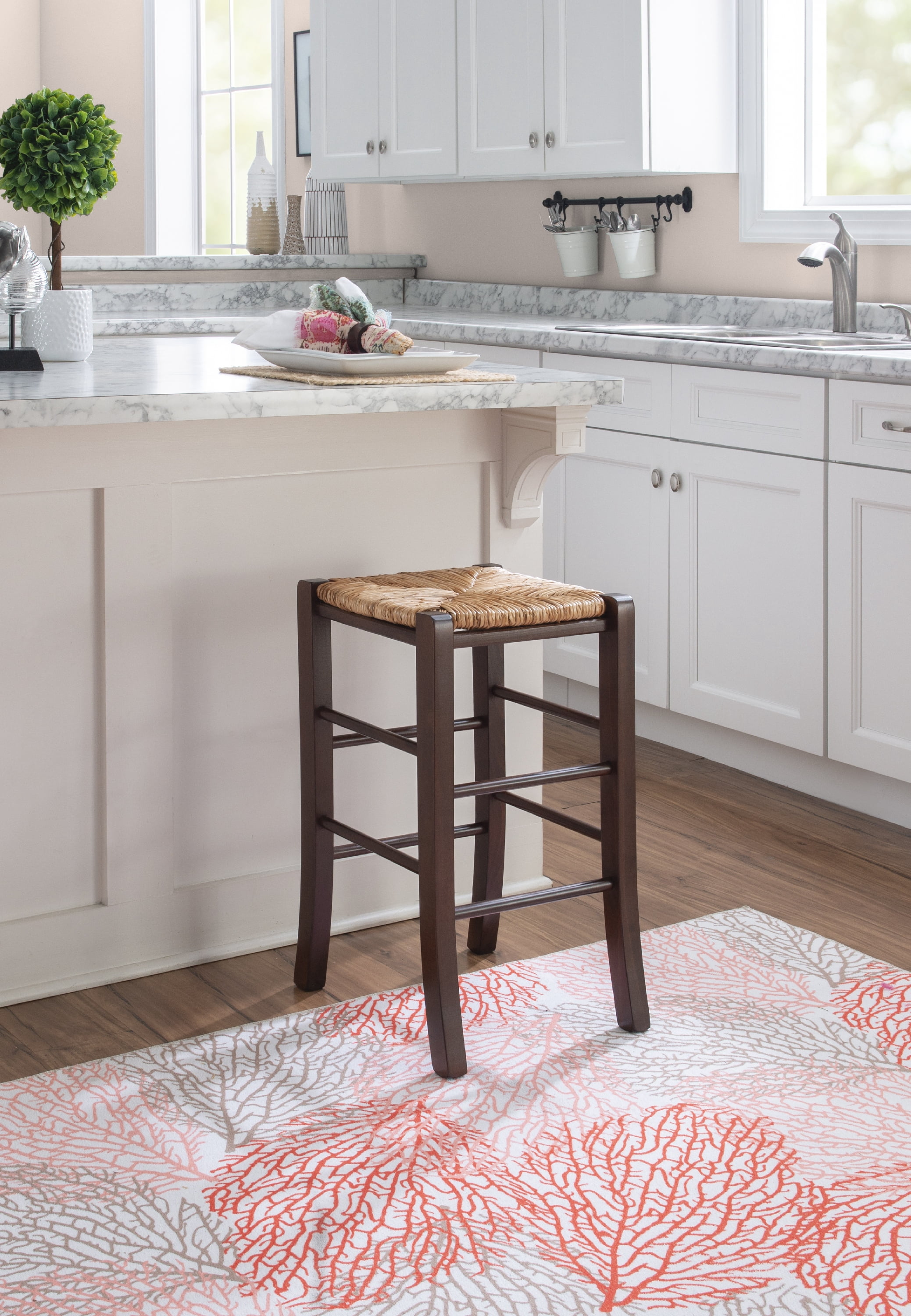 Linon Ivica 24.4" Backless Counter Stools, Set of 2, Dark Walnut with Handwoven Rush Seat