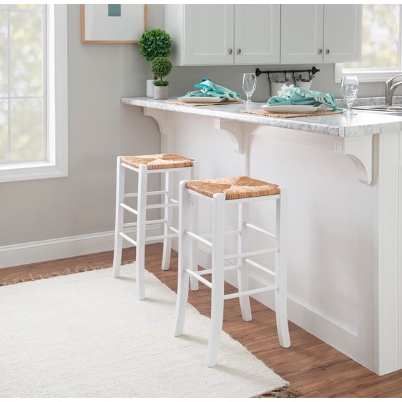 Linon Ivica 29" Backless Bar Stools, Set of 2, Classic White with Handwoven Rush Seat