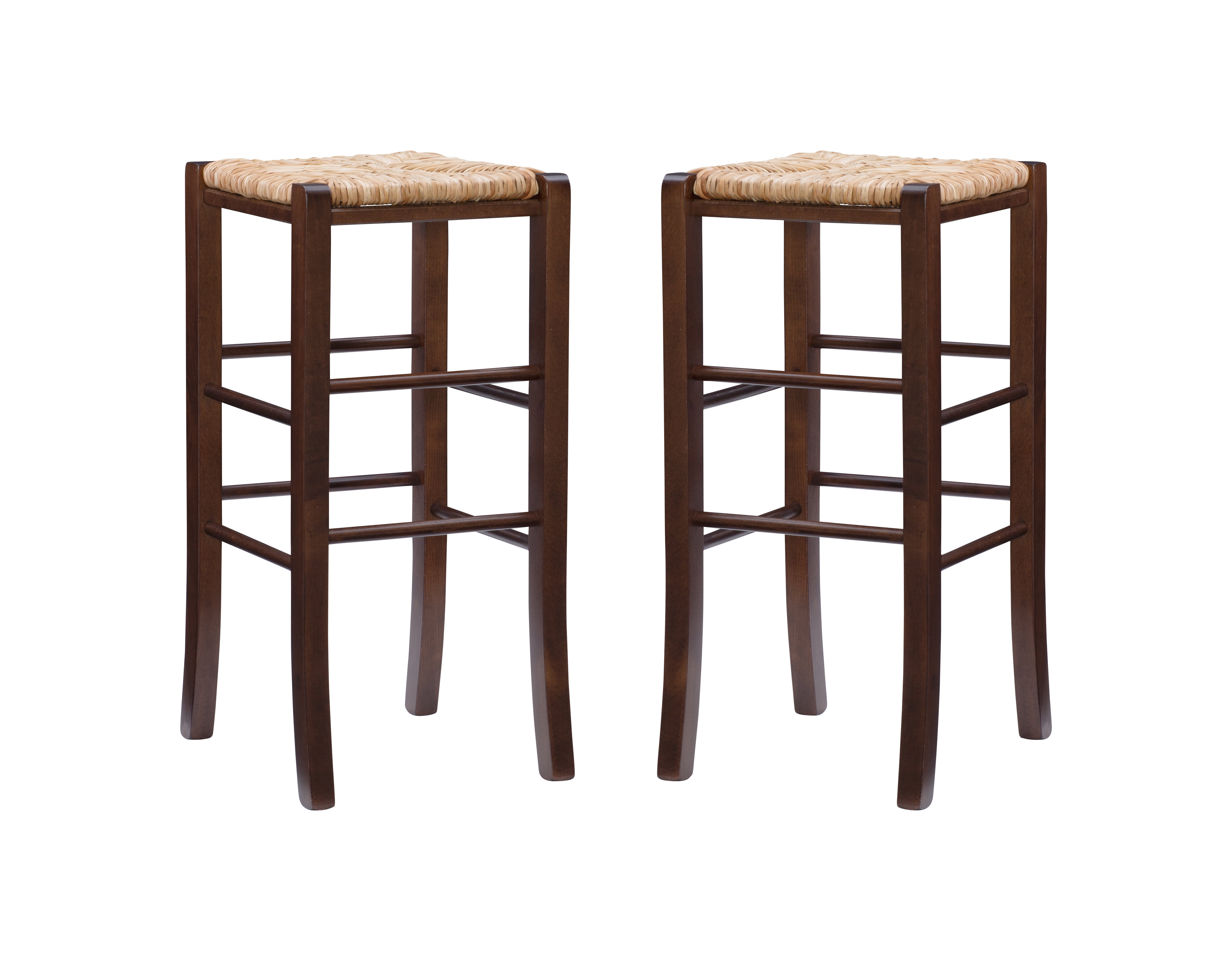 Linon Ivica 29.15" Backless Bar Stools, Set of 2, Dark Walnut with Handwoven Rush Seat