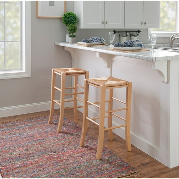 Linon Ivica Backless Wood Bar Stool, 29" Seat Height, Natural Finish with Natrual Handwoven Rush Seat