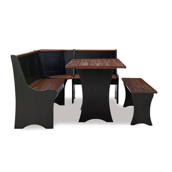 Linon Jackie Solid Wood Rustic Dining Nook Set with Storage in Black and Walnut