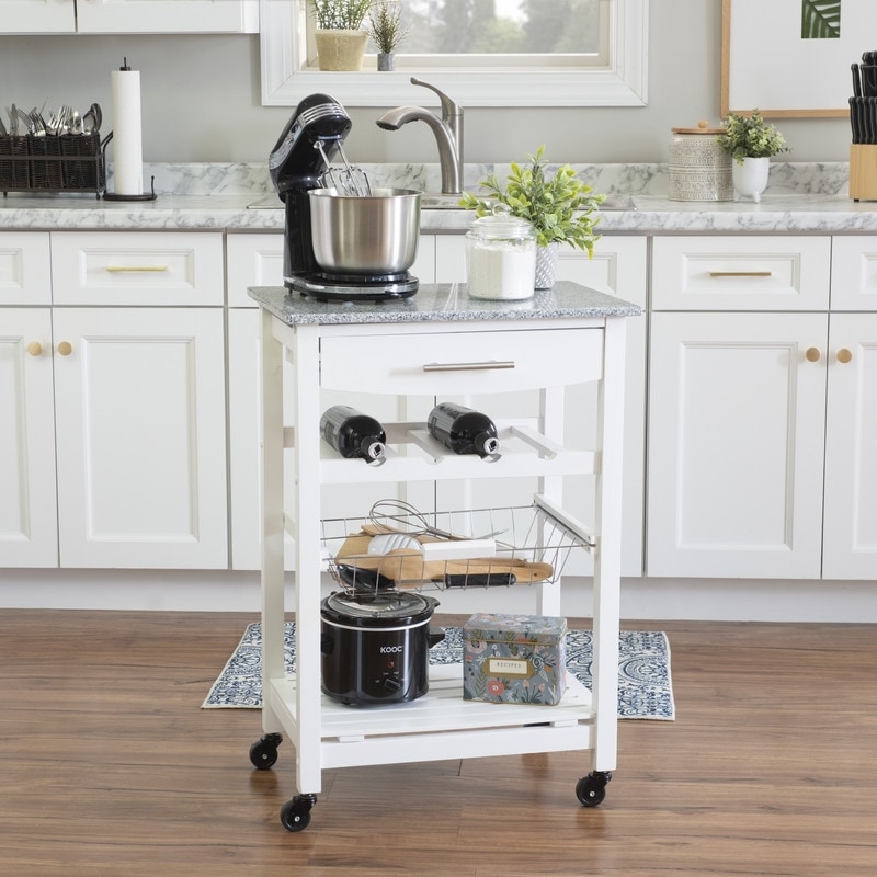 Linon Jake Compact Mobile Rolling Kitchen Cart White/Marble