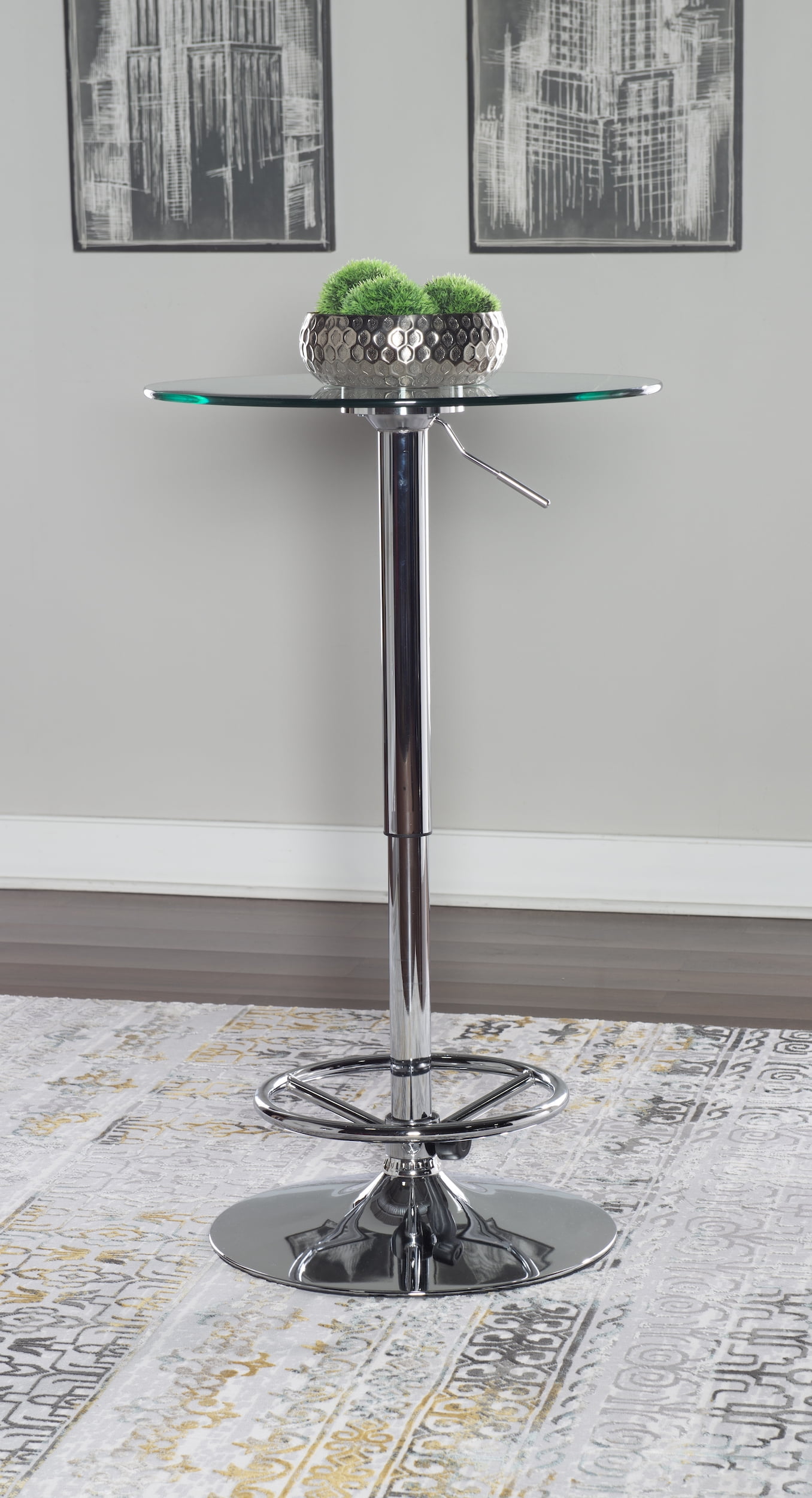 Adjustable Height Round Glass Top Chrome Pub Table