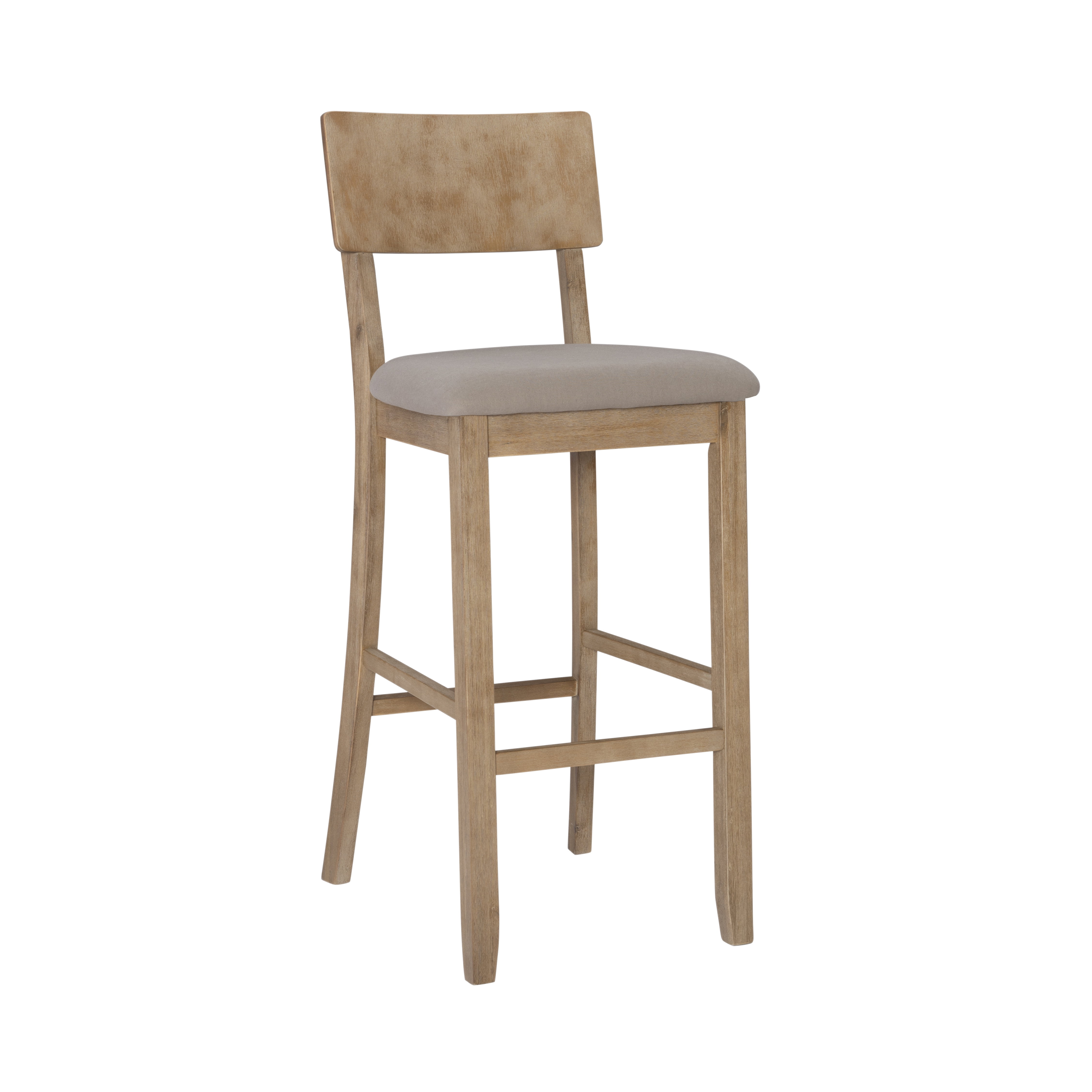 Rustic Gray Wash 46" Acacia Wood Bar Stool with Light Gray Linen Cushion
