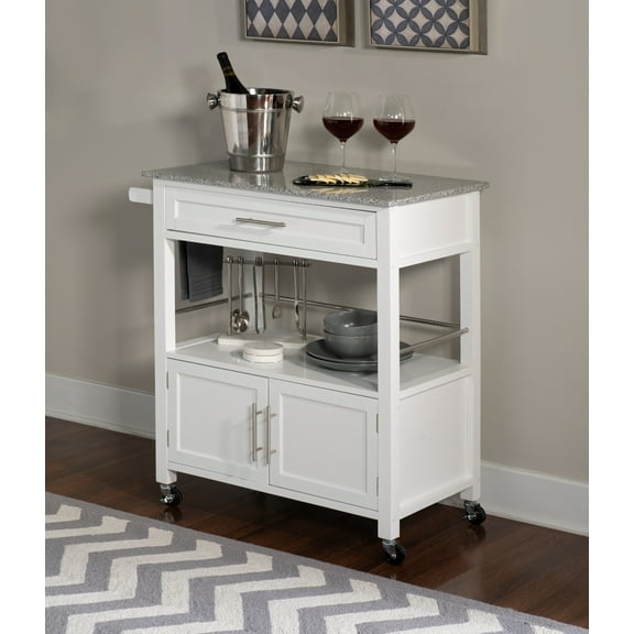 Linon Judith 2-Tier Mobile Serving Cart with Gray & White Speckled Granite Top, 33.5" Length, White