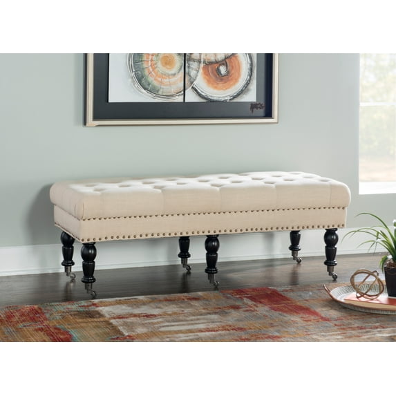 Linon Kacie 50" Wide Buttun Tufted Bench, Dark Espresso with Natural Linen