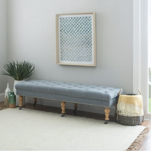 Linon Kacie 62" Wide Button Tufted Bench, Distressed Gray with Washed Blue Linen