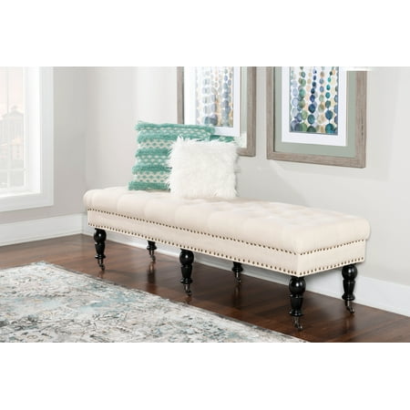Linon Kacie 62" Wide Buttun Tufted Bench, Dark Espresso with Natural Linen