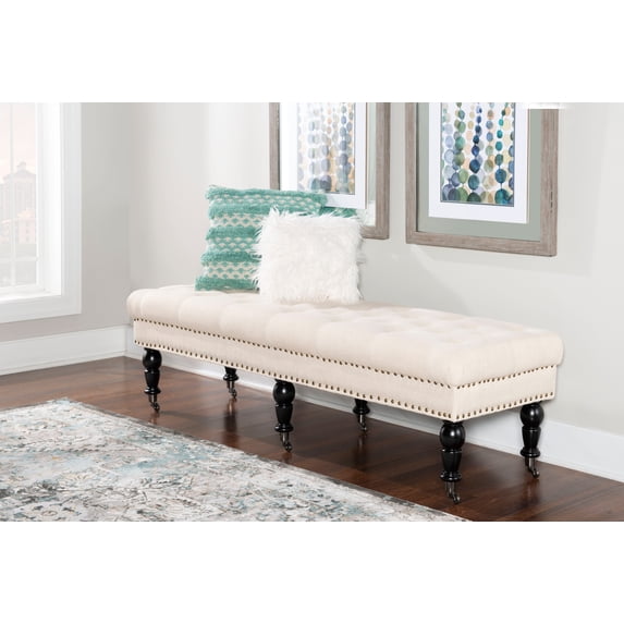 Linon Kacie 62" Wide Buttun Tufted Bench, Dark Espresso with Natural Linen