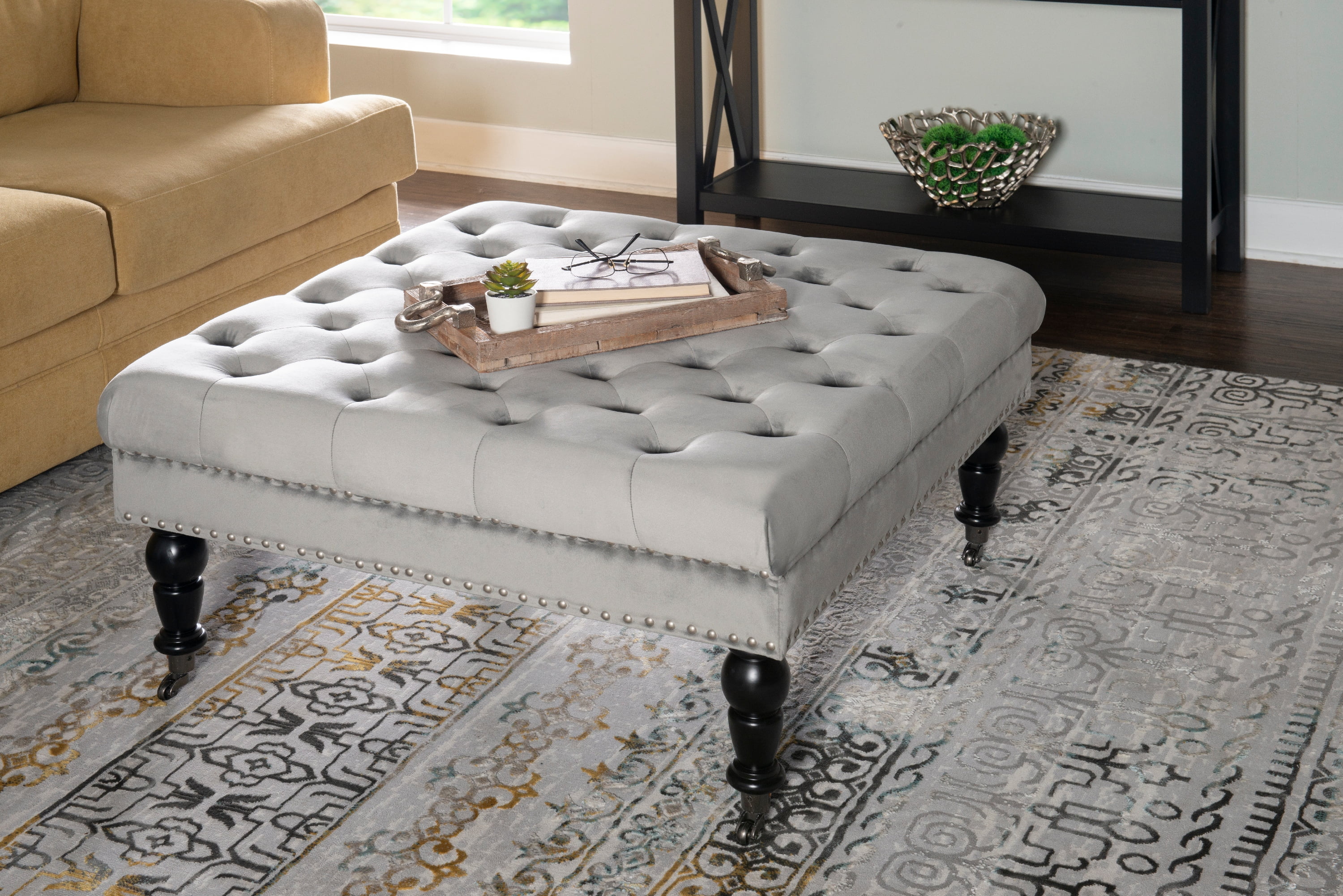 Linon Kacie Square Button Tufted Ottoman, Black/Gray Velvet