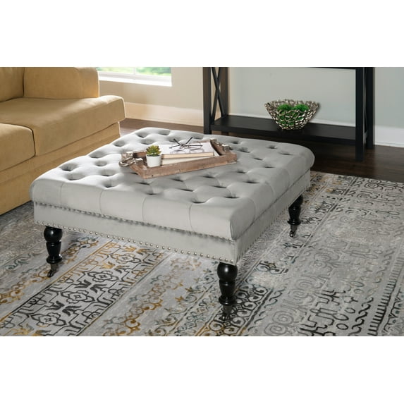 Linon Kacie Square Button Tufted Ottoman, Black/Gray Velvet