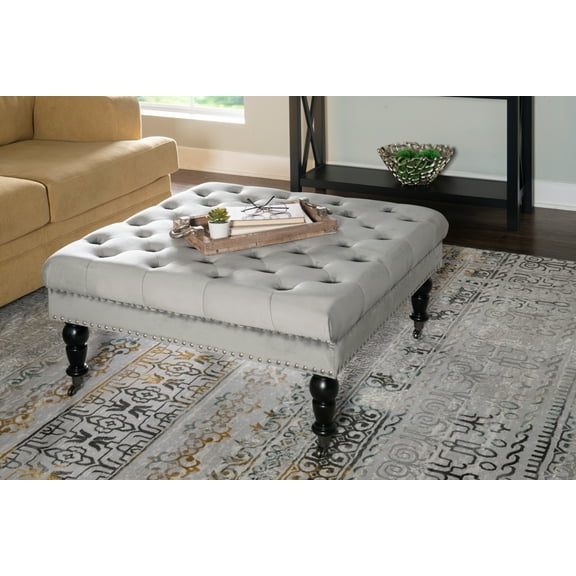 Linon Kacie Square Button Tufted Ottoman, Black/Gray Velvet