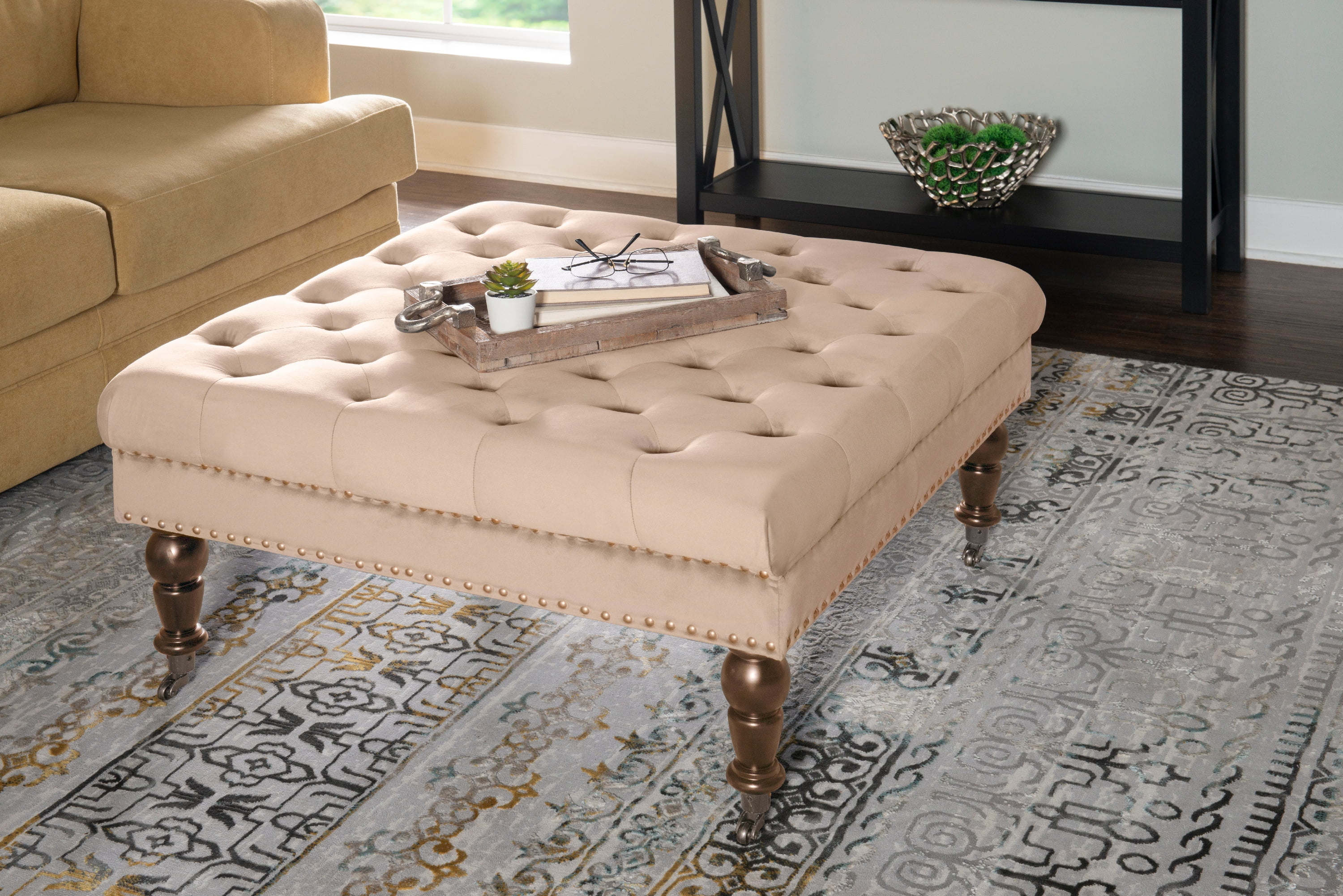 Vintage Tan Velvet Tufted Ottoman with Antique Brass Nailheads