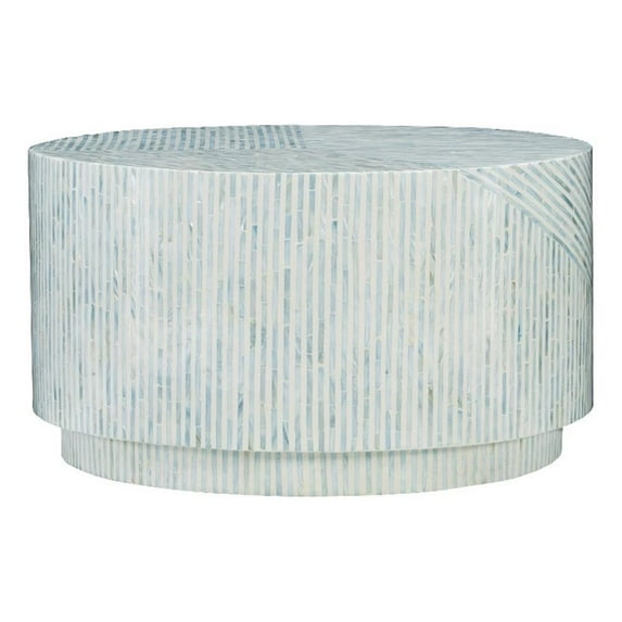 Linon Kane Round Modern Mosaic Inlay Coffee Table in Blue & Gray Mother of Pearl