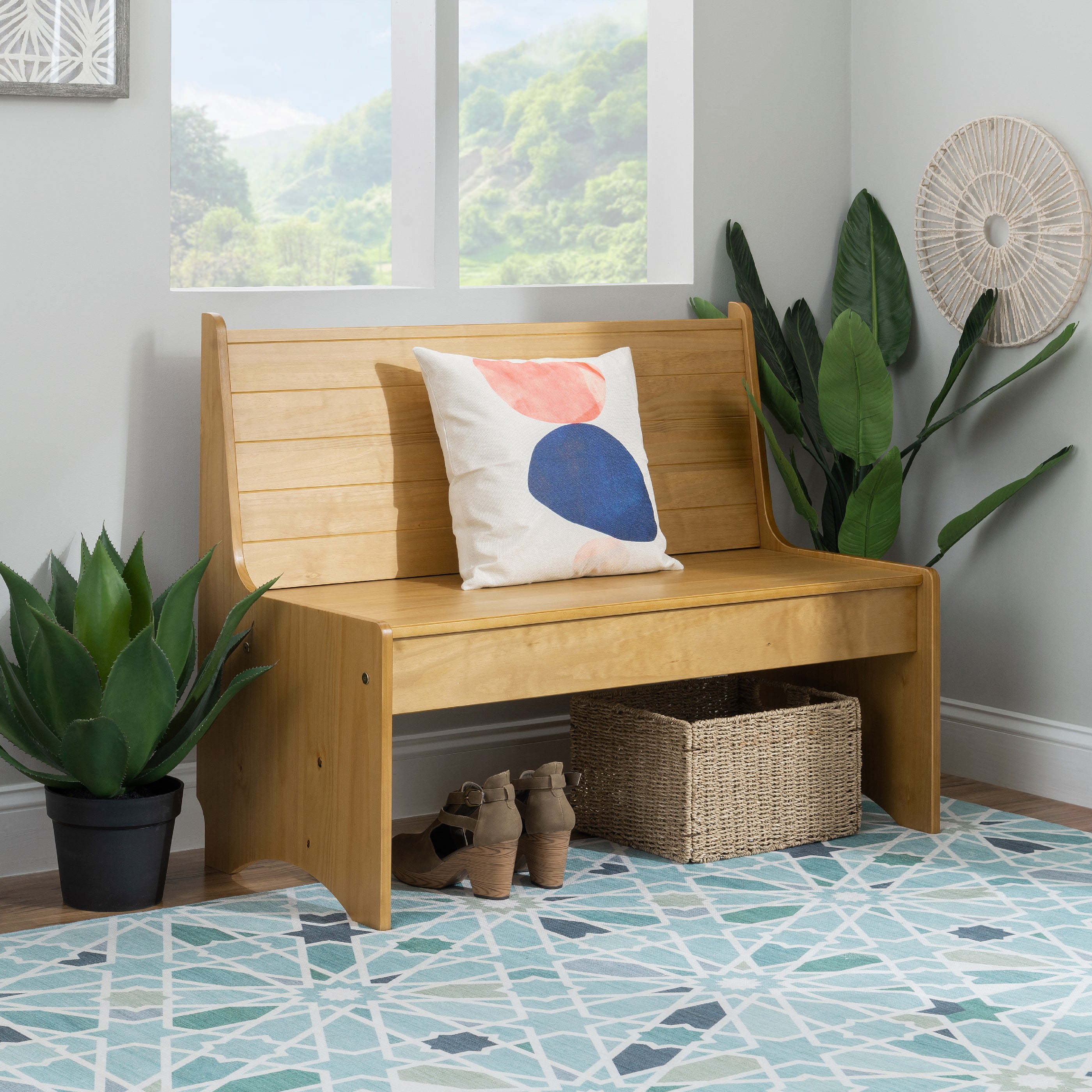 Linon Kasey High Back Dining Bench with Storage, 42" Wide, Honey ...