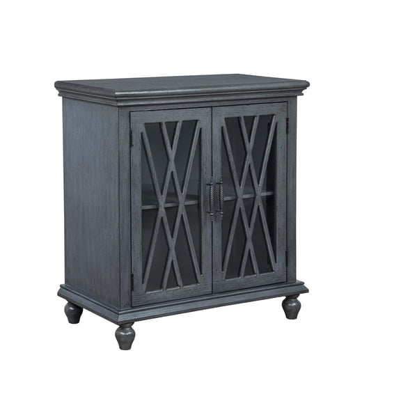 Linon Kelcey Storage Cabinet with Lattice Design on Two Glass Doors in Grey Wood