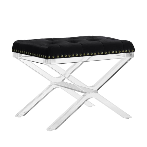 Linon Kelsi X Base Vanity Bench, Black, Clear Legs, 18 inches Tall