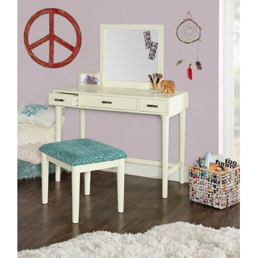 Linon Kendall 2-Piece Vanity Set with Flip-Top Mirror and Upholstered Stool, Cream Finish with Green Fabric