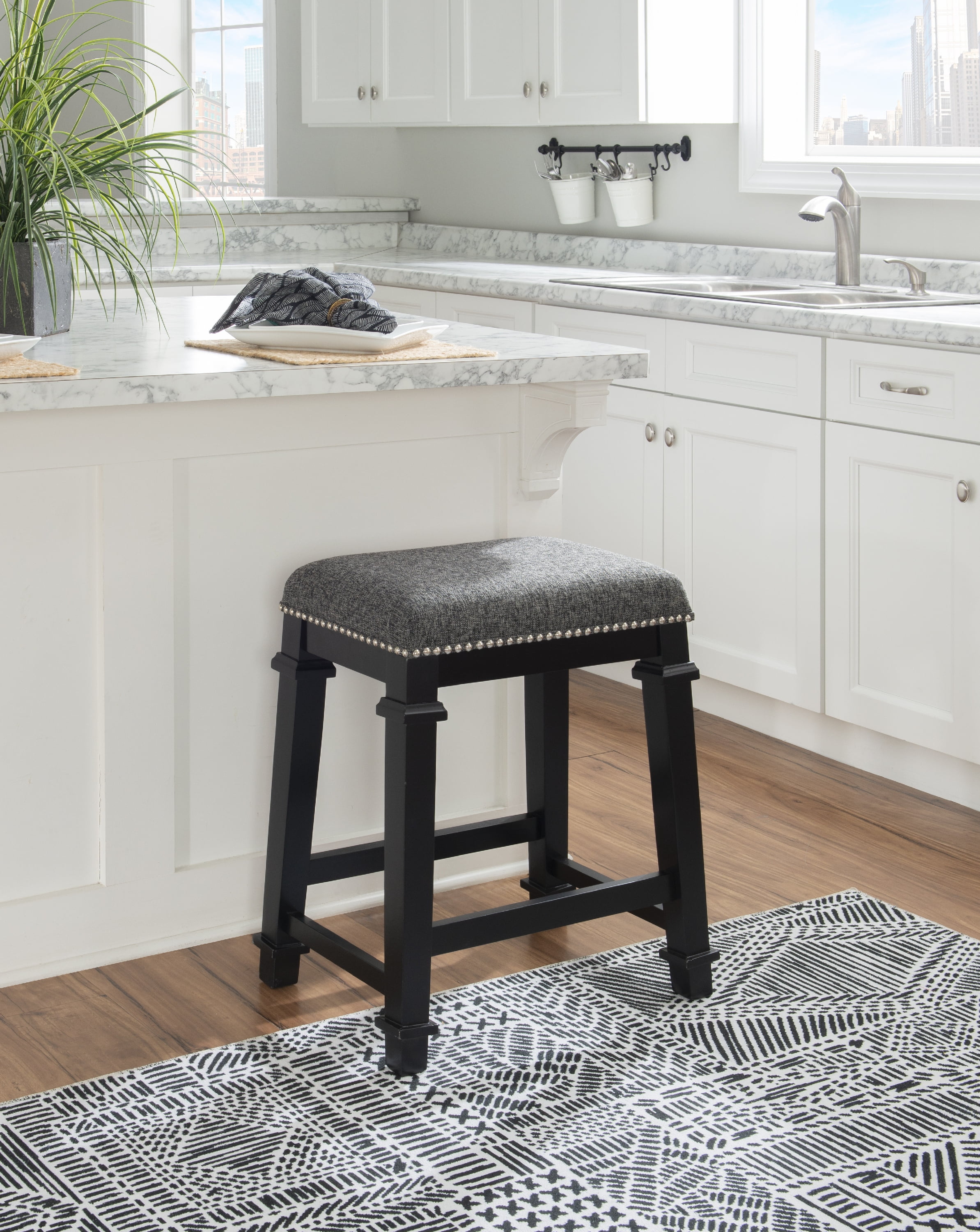 Kennedy Black Wood and Tweed Backless Counter Stool