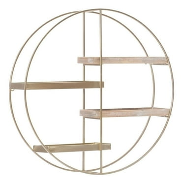 Linon Kenson Round Metal and Greywashed Wood Four Shelf Wall Storage in Gold