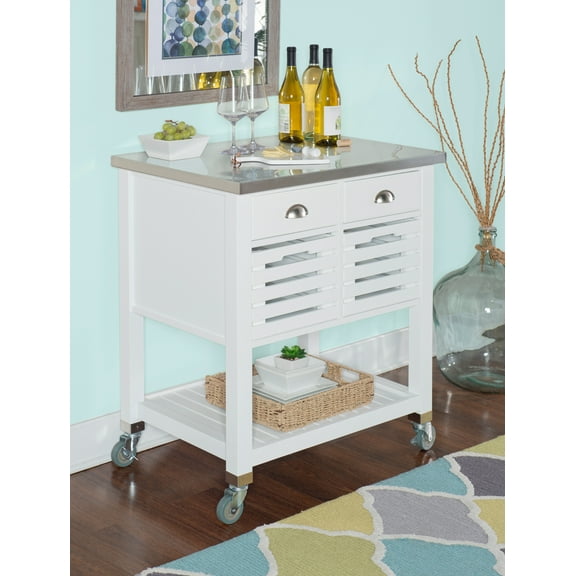 Linon Kerr 2-Drawer 2-Tier Mobile Serving Cart with Stainless Steel Top, 22" Length, White