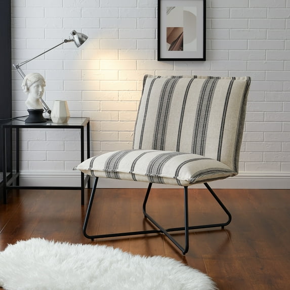 Linon Kinard Lounge Chair, Black Metal Legs with Black and Tan Striped Fabric