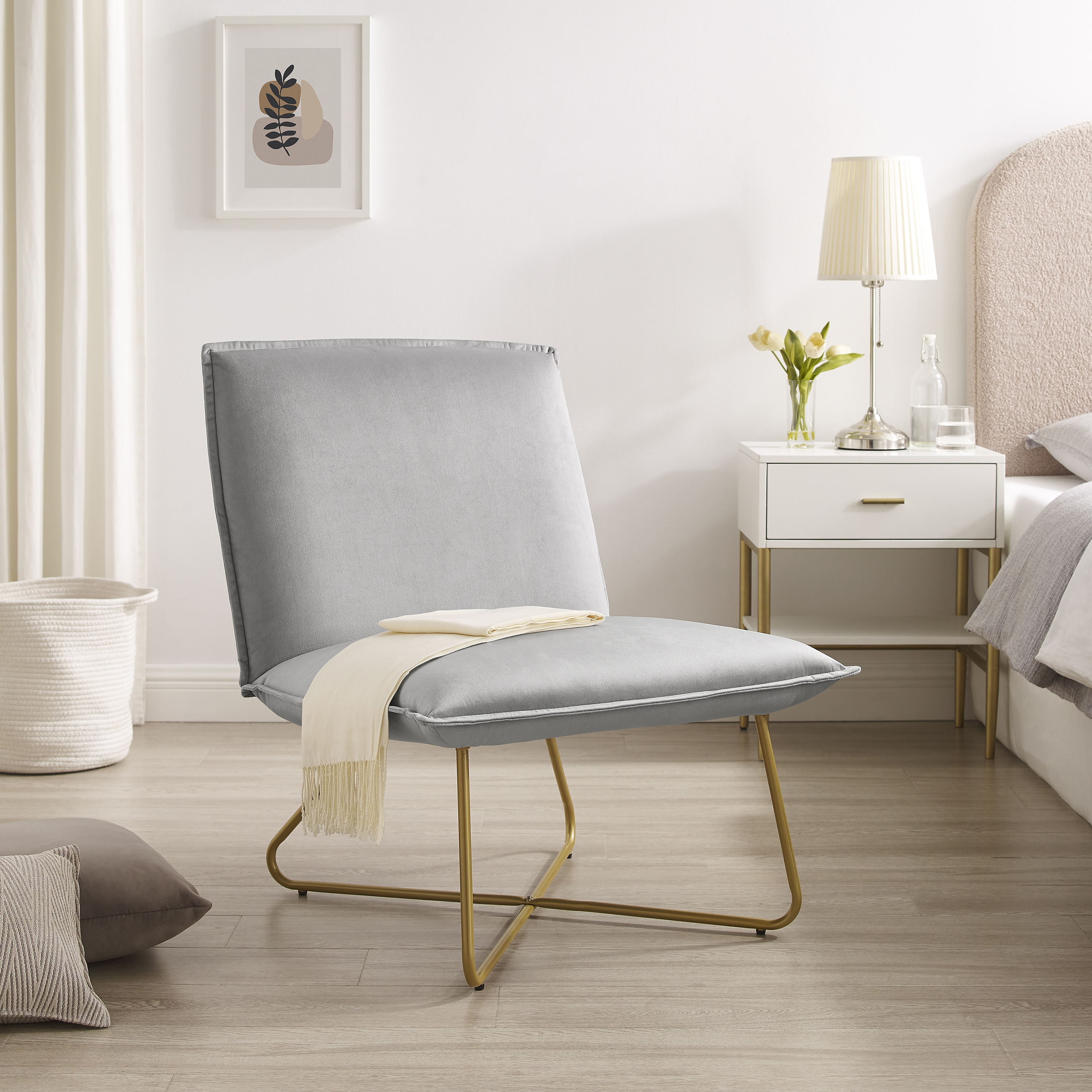 Linon Kinard Pillow Accent Chair with Gold Metal Legs, Gray Velvet