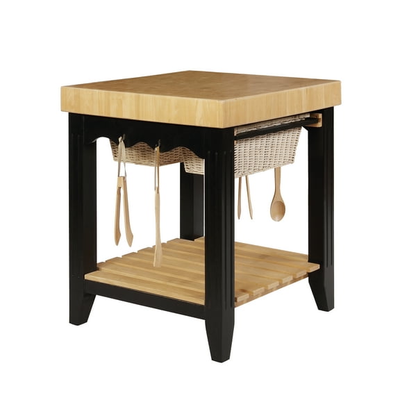 Linon Kolton Butcher Block Kitchen Island 2 Baskets in Black/Natural Wood