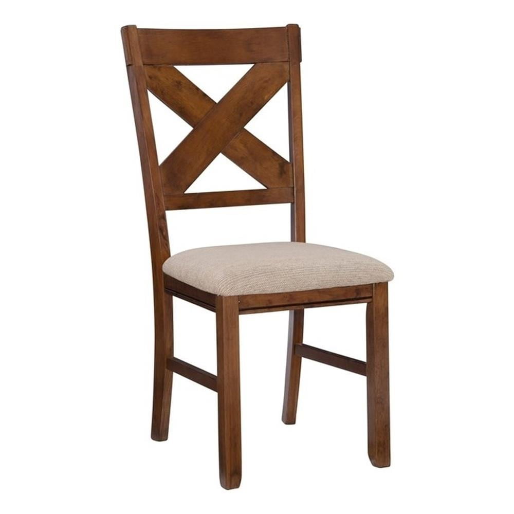 Tan Upholstered X-Back Wood Dining Side Chair Set