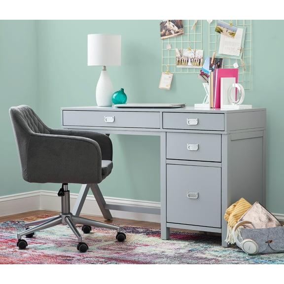 Linon Lakelyn 4-Drawer Desk, 48" Wide with Side Storage, Gray Finish