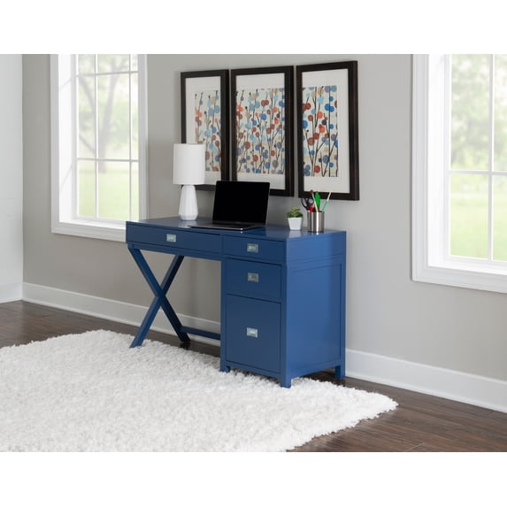 Linon Lakelyn 4-Drawer Desk, 48" Wide with Side Storage, Navy Finish