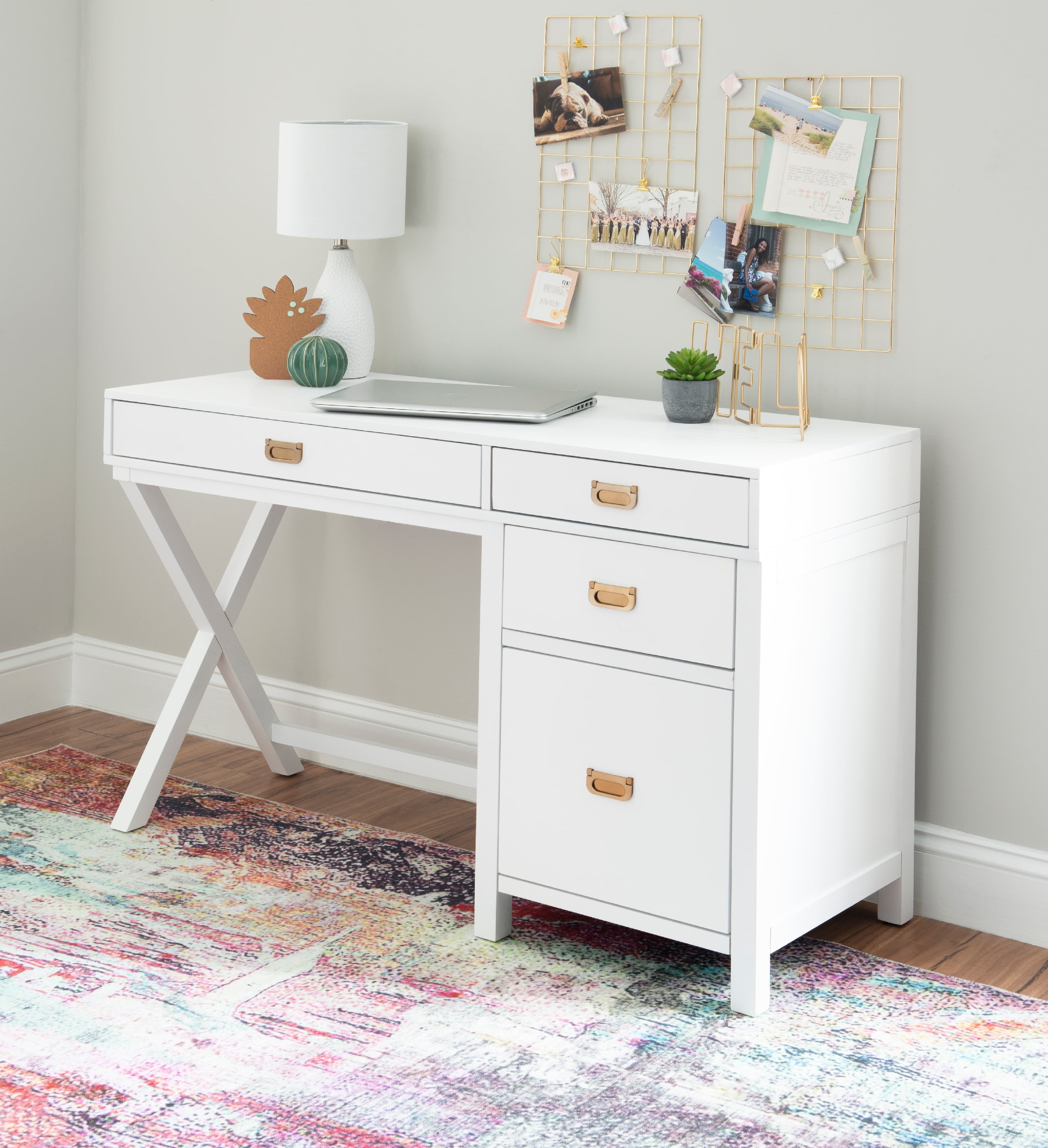 Linon Lakelyn 48" Writing Desk with 4 Drawers and Side Storage, White