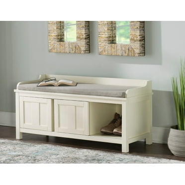 Linon Lakeville Entryway Storage Bench Padded Seat Sliding Doors in White