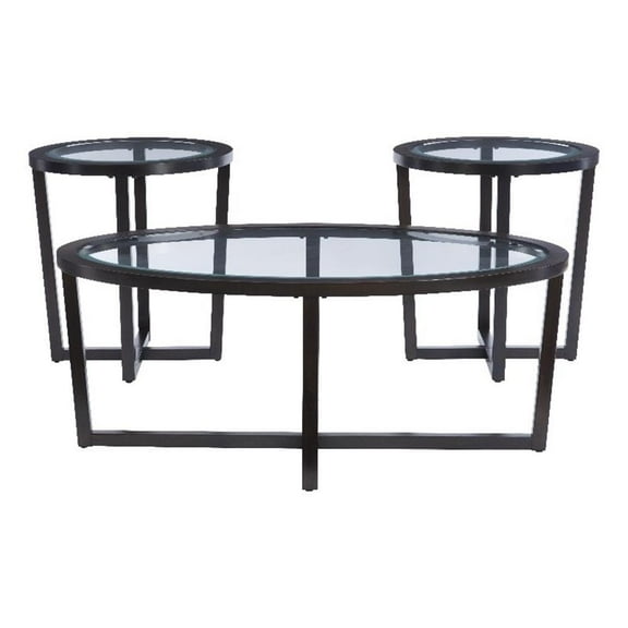 Linon 3 Piece Wood Coffee & End Table Set Glass Top in Umber Paint