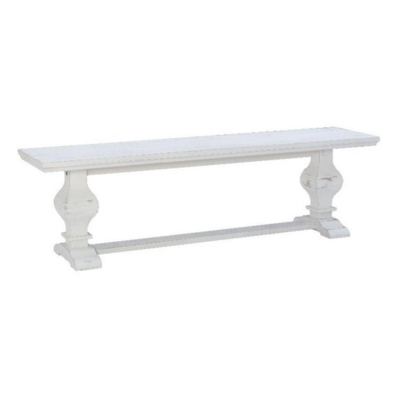 Linon Larson Solid Pine Wood Double Pedestal Dining Bench in Distressed White