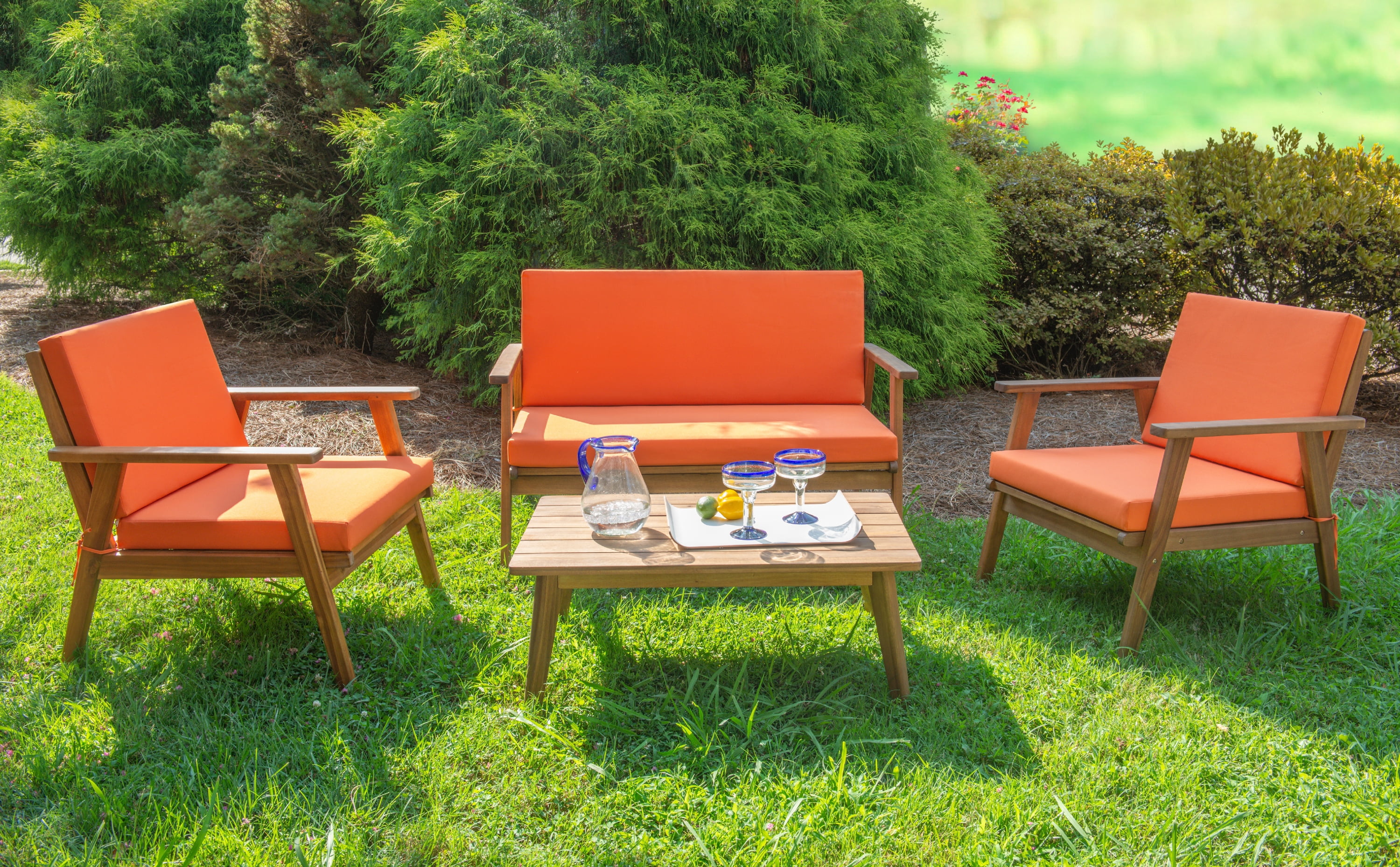 Linon Lathan 4-Piece Acacia Outdoor Conversation Set with Coffee Table, Loveseat & Chairs, Acorn/Orange