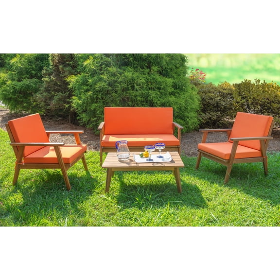 Linon Lathan 4-Piece Acacia Outdoor Conversation Set with Coffee Table, Loveseat & Chairs, Acorn/Orange