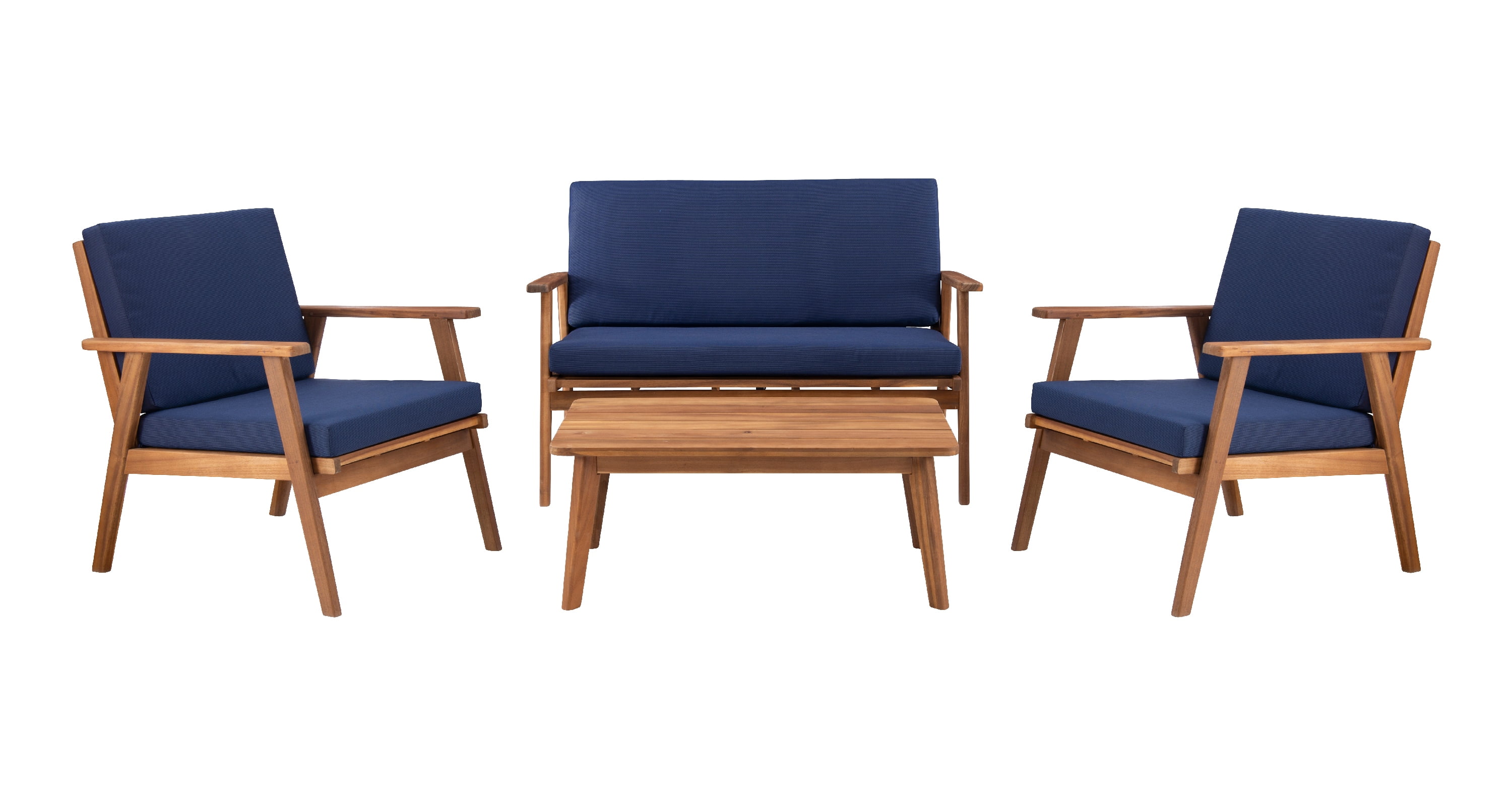 Linon Lathan 4-Piece Acacia Outdoor Conversation Set with Coffee Table, Loveseat & Chairs, Walnut/Dark Blue