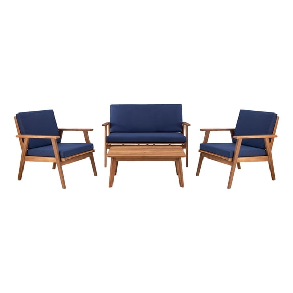 Linon Lathan 4-Piece Acacia Outdoor Conversation Set with Coffee Table, Loveseat & Chairs, Walnut/Dark Blue