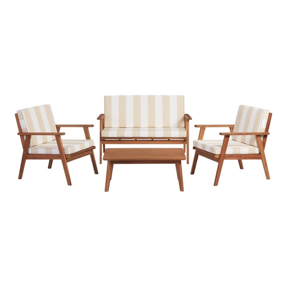 Linon Lathan 4-Piece Outdoor Chat Set, Includes Couch, Coffee Table, and 2 Chairs, Natural Oil Stained Finish with Natural Stripe Fabric