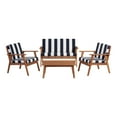 thumbnail image 1 of Linon Lathan 4-Piece Outdoor Chat Set, Includes Couch, Coffee Table, and 2 Chairs, Natural Oil Stained Finish with Navy Stripe Fabric, 1 of 8