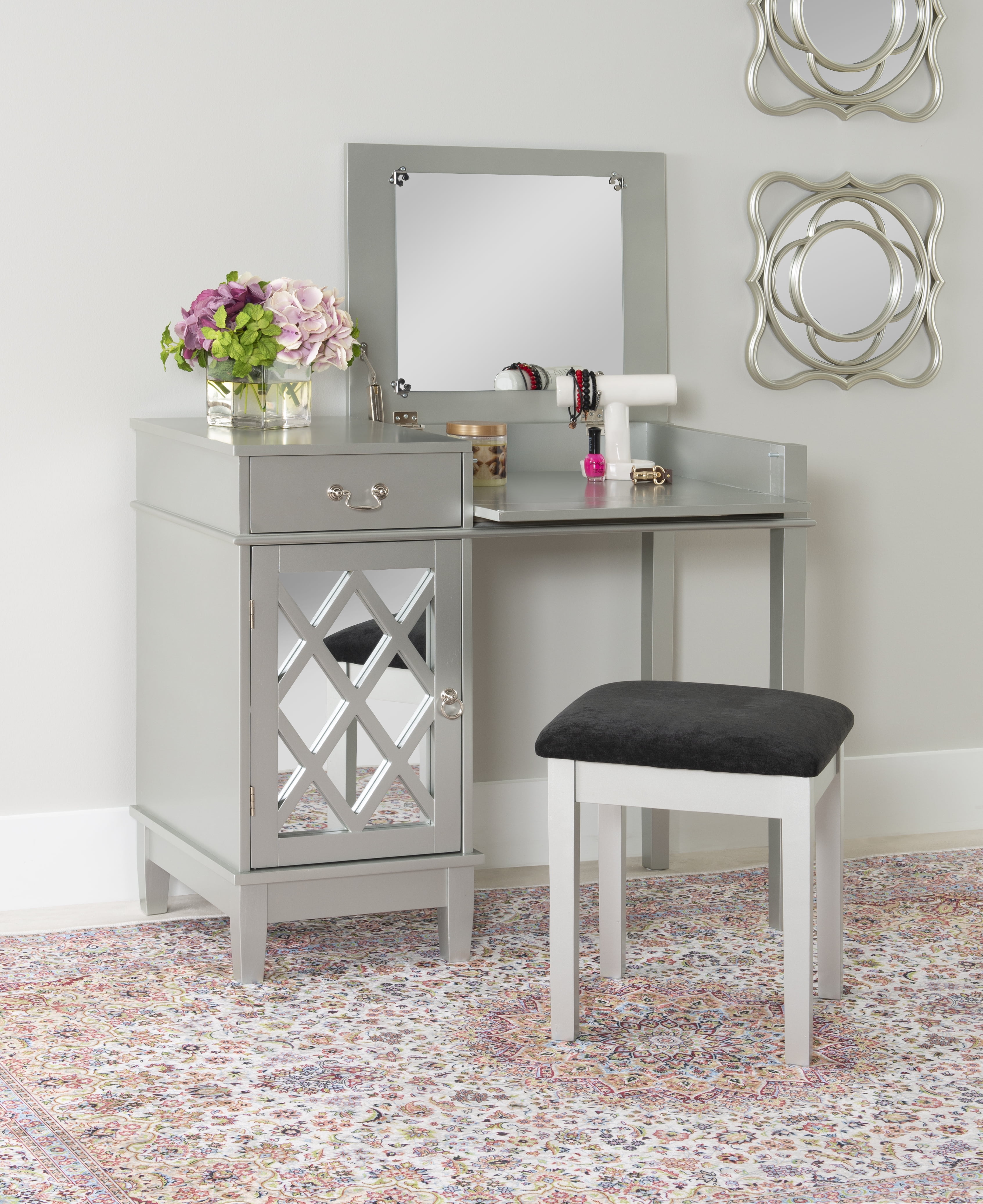 Silver Lattice Vanity Set with Black Upholstered Bench