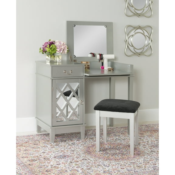 Linon Lattice Bedroom Vanity Set including Stool and Flip Top Mirror, Silver Finish