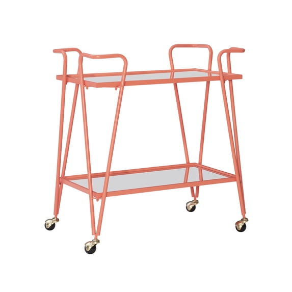 Linon Lawsonia 2-Tier Mid-Century Mobile Bar Cart with Mirrored Top, 32.5" Tall, 27 lb, Coral